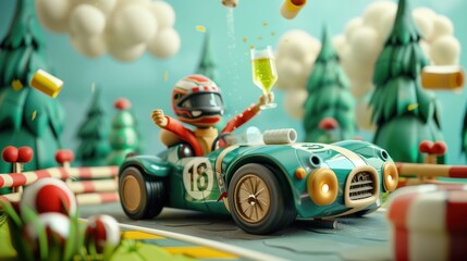 Triumphant victory lap in whimsical toy car racing with champagne celebration.