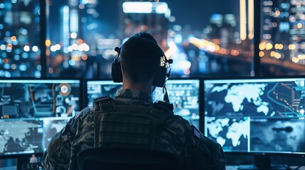 Rear view of male soldier wearing headphones while standing in front of monitors at night