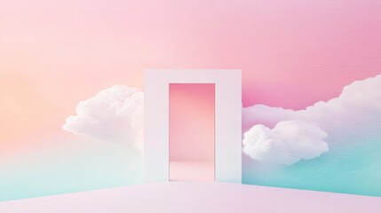 The door opens with dramatic white clouds floating, creating the illusion that the door leads to another world. The background is colorful, and there is no furniture in front of or behind the door