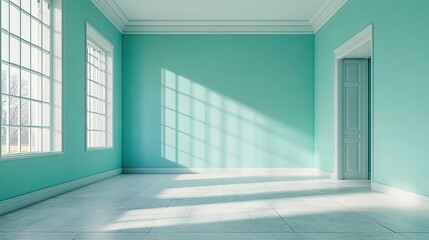 Obraz premium Empty room with mint green walls and sunlight streaming through the window