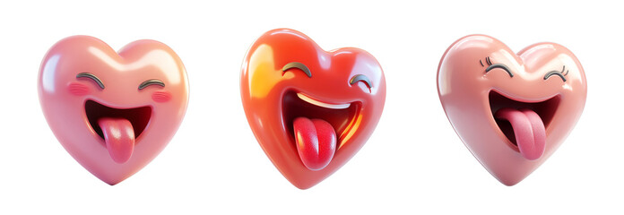 A playful heart emoji, in vibrant pink and red hues, displays various expressions: a cheerful smile and a playful tongue-out face.