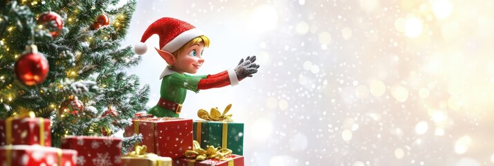 Cheerful Elf Placing Presents Under Christmas Tree