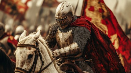 Obraz premium Intense Medieval Knight Close-Up on Horseback