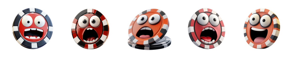 Fototapeta premium Five poker chips, each displaying a surprised expression, are arranged in a playful manner, isolated on a transparent background.