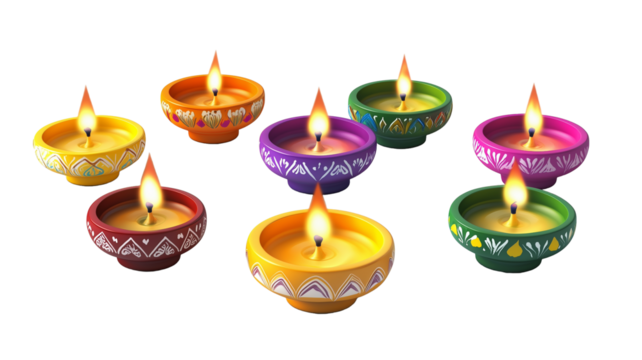 set of colorful diya lamps isolated on transparent background. Greeting card element for one of the major religious festivals in Hinduism, Jainism, Sikhism.