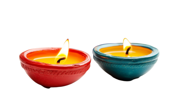 set of colorful diya lamps isolated on transparent background. Greeting card element for one of the major religious festivals in Hinduism, Jainism, Sikhism.