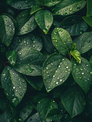 Fototapeta premium Close-up of green leaves with water droplets after rainfall