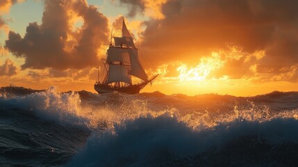 Fototapeta premium A sailing ship faces a fierce storm at sea, with heavy clouds and crashing waves against the backdrop of a stunning orange sunset.