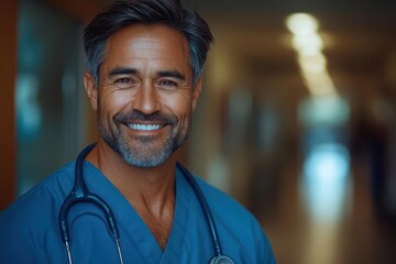 friendly male doctor smiling confidently while standing in a hospital corridor embodying professionalism and care in a medical environment promoting health and wellbeing