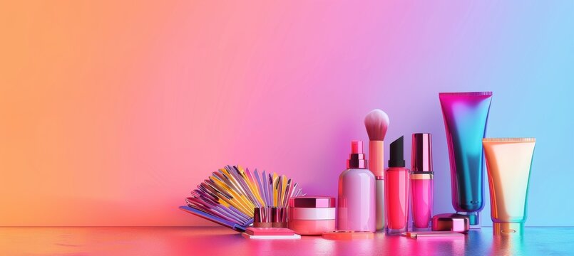 Cyber Monday Beauty Sale Banner with Makeup, Skincare, and Haircare Products on Gradient Background - Powered by Adobe
