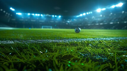 Soccer ball on the green grass of the stadium at night