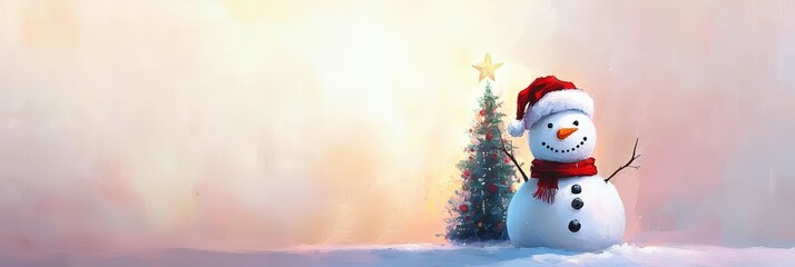 Snowman Wearing Santa Hat Near Christmas Tree
