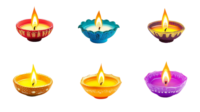 set of colorful diya lamps isolated on transparent background. Greeting card element for one of the major religious festivals in Hinduism, Jainism, Sikhism.