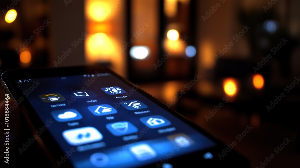 Poster a smartphone displaying apps in a dimly lit environment with warm lights in the background.