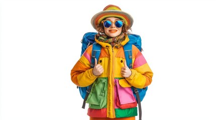 Colorful adventurer ready for travel with a vibrant backpack and stylish outfit, embodying youthful exploration and enthusiasm.