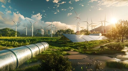 Solar panels and wind turbines in the field