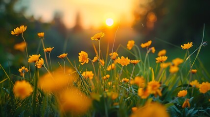 Spring meadow with yellow buttercups and bokeh effect