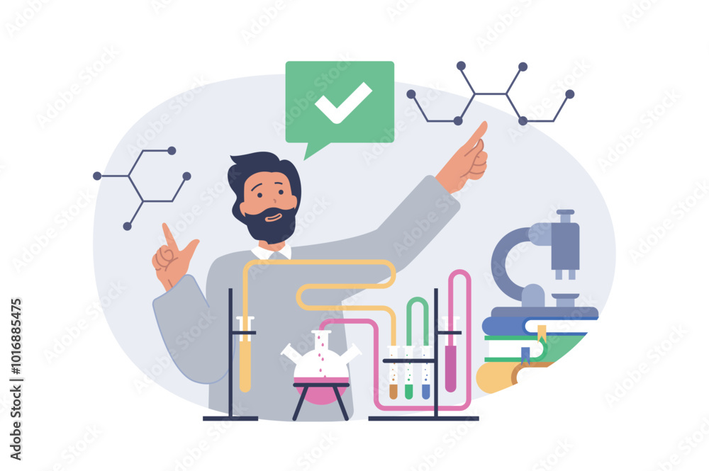 Poster science laboratory concept in modern flat design for web. man doing chemical research at test tubes,