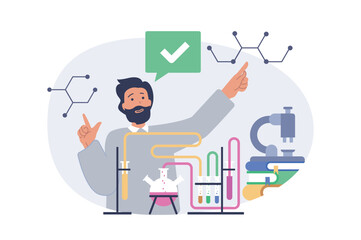 Science laboratory concept in modern flat design for web. Man doing chemical research at test tubes, studying moleculas and refinery process at lab equipment and microscope. Vector illustration.