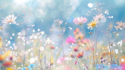 Summer meadow with flowers and bokeh lights, nature background