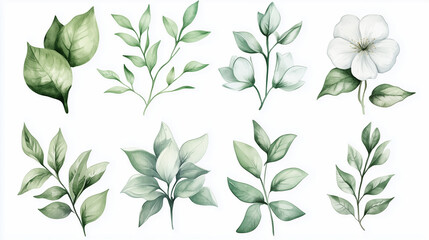 Set of luxury green leaves and flowers elements, watercolor and ink style