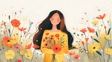 Woman holding flowers, a woman in a yellow dress with long hair and closed eyes surrounded by colorful wildflowers