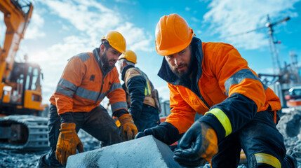 Construction workers in safety gear collaborating on a building site during a sunny day with machinery in the background
