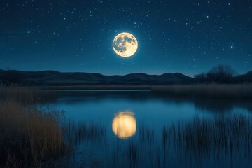 Fototapeta premium full moon illuminating the tranquil waters of a serene lake at night casting a silver glow across the landscape stars twinkle in the vast sky enhancing the peaceful ambiance