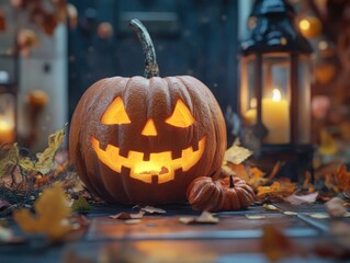 Fototapeta premium Halloween pumpkin scene with carved jack o lantern and decorations