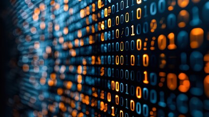 A visually striking close-up of binary code represented in blue and orange tones, symbolizing digital technology and data processing, This image is ideal for tech articles, presentations, or websites