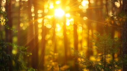 Sunset or sunrise in the woods with sunbeams and lens flare