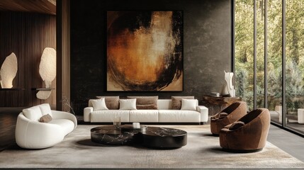 Modern living room with stylish furniture and large artwork, emphasizing comfort and design.