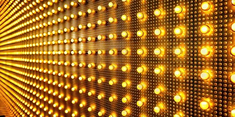 Abstract glowing yellow gold disco wall with light bulbs abstract background