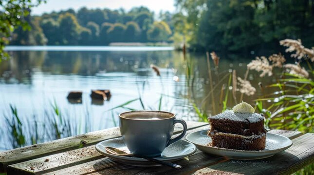 Delicious coffee and cake beautifully arranged on a table by the serene lake, creating a delightful and inviting atmosphere for rela Seamless looping 4k time-lapse virtual video animation Generated AI