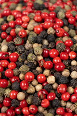 A mixture of different peppercorns white, black, red and green peppers spices.