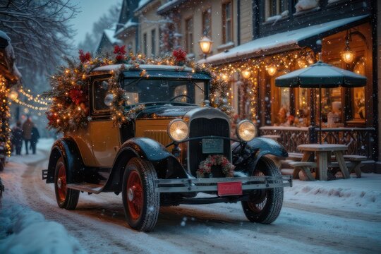 Vintage car decorated for Christmas in a snowy village street filled with lights - Powered by Adobe