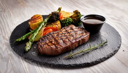A tender piece of Wagyu steak served with a demi-glace and grilled vegetables on a slate plate