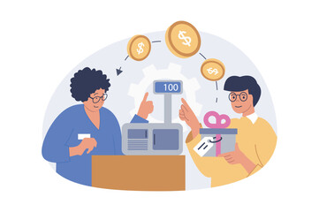 Shopping concept in modern flat design for web. Man making purchases at showroom, buying new products for gift with discount at clearance, paying at cashier counter with terminal. Vector illustration.