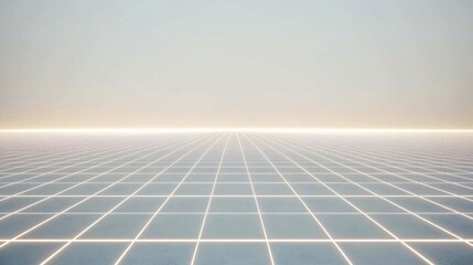 Futuristic glowing grid landscape design with bright horizon in pastel colors