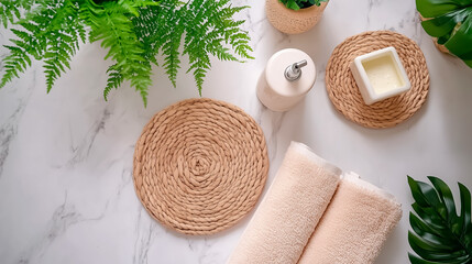 Close-up of towels and body care products in a minimalist bathroom. Generative AI