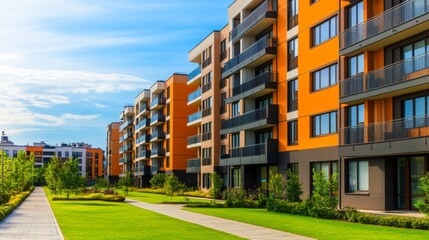 New modern block of flats in green area. residential apartment with flat buildings exterior. luxury house complex. Part of City Real estate property, condo architecture. apartment insurance concept