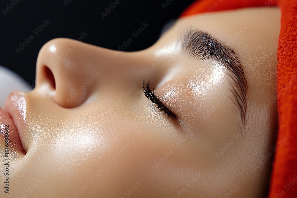 Aufkleber hyper-realistic close-up of a personâ€™s face in deep sleep, with every detail of their relaxed faci
