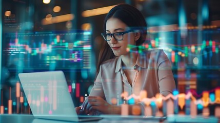 Young businesswoman working on laptop at night in office with double exposure of candlestick chart