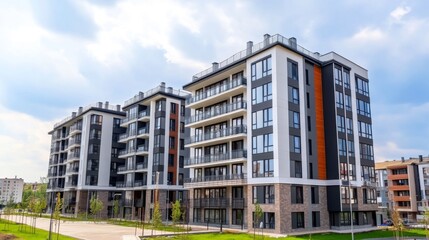 Fototapeta premium New modern block of flats in green area. residential apartment with flat buildings exterior. luxury house complex. Part of City Real estate property, condo architecture. apartment insurance concept