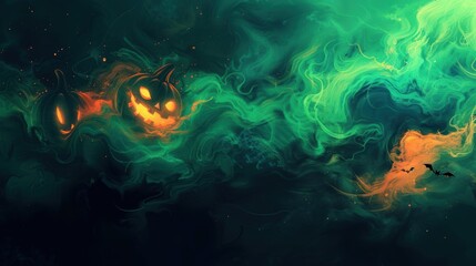 Vibrant Halloween Abstract Background with Neon Green and Orange Swirls and Bat Silhouettes