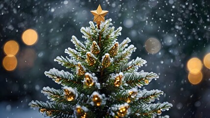 Beautiful Snowy Christmas Tree With Golden Decorations In Winter
