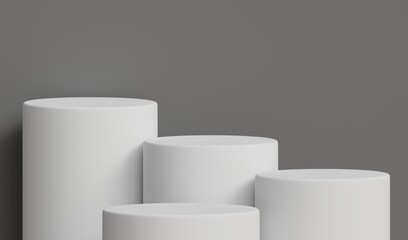 White Cylinders on a Gray Background, 3d white marble podium for product demonstration.