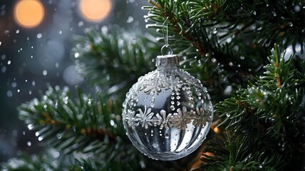 Elegant Silver Bauble Ornament on Christmas Tree Branch