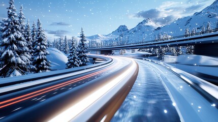Winter Landscape with Driving Light Trails at Dusk