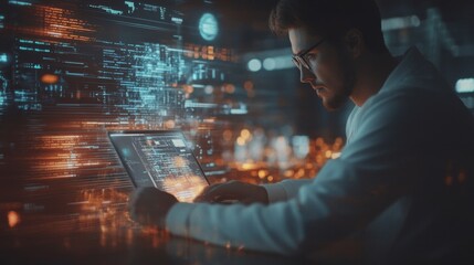 Double exposure Data scientists. Man programmer using laptop analyzing and development at various information on futuristic virtual interface screen. Algorithm. marketing and deep learning of artifici